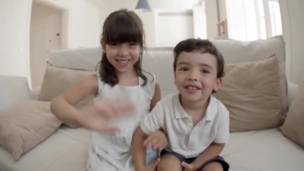 Dos niños juguetones alegres que tienen videollamada — Vídeos de Stock