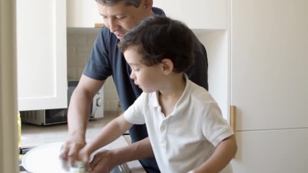 Papá enseñando a su hijo a lavar el plato — Vídeos de Stock