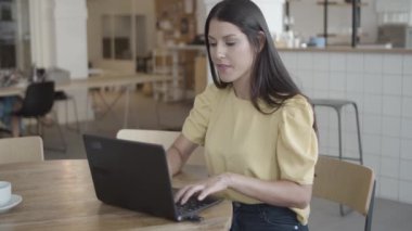 Laptop kullanan pozitif genç bayan girişimci