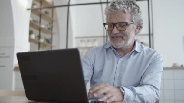 Allegro uomo d'affari maturo utilizzando il computer portatile in co-working interno — Video Stock