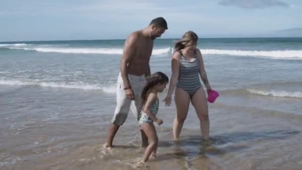 Pais felizes casal e pequena filha pegando conchas — Vídeo de Stock