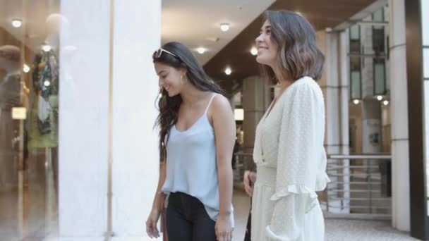 Gyönyörű fiatal nők állnak a kirakatban és beszélgetnek. — Stock videók