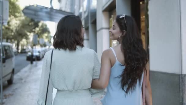 Vista posterior de dos mujeres jóvenes caminando juntas — Vídeos de Stock