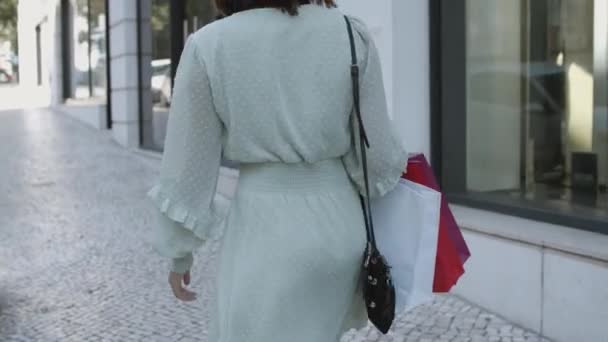Sokakta alışveriş torbalarıyla dolaşan kadın manzarası. — Stok video