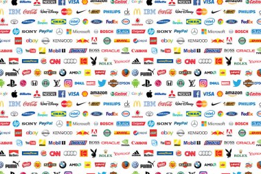 Zaporozhye, Ukrayna - 20 Aralık 2017: Fotoğraf iyi bilinen dünya markası logo topluluğu kağıda basılan'ın. Coca-Cola, Canon, Pepsi, Twitter, Apple ve daha diğerleri dahil logo.