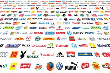Zaporozhye, Ukrayna - 20 Aralık 2017: Fotoğraf iyi bilinen dünya markası logo topluluğu kağıda basılan'ın. Coca-Cola, Canon, Pepsi, Twitter, Apple ve daha diğerleri dahil logo.