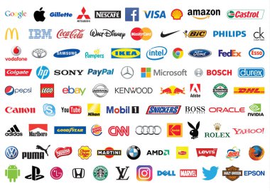 Zaporozhye, Ukrayna - 20 Aralık 2017: Fotoğraf iyi bilinen dünya markası logo topluluğu kağıda basılan'ın. Coca-Cola, Canon, Pepsi, Twitter, Apple ve daha diğerleri dahil logo.