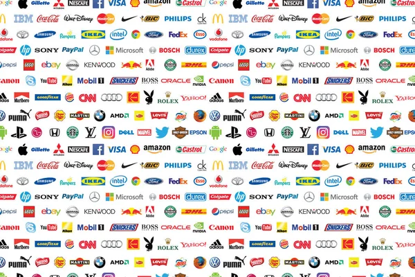 Zaporozhye, Ukrayna - 20 Aralık 2017: Fotoğraf iyi bilinen dünya markası logo topluluğu kağıda basılan'ın. Coca-Cola, Canon, Pepsi, Twitter, Apple ve daha diğerleri dahil logo.