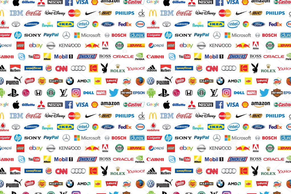 ZAPOROZHYE, UKRAINE - DECEMBER 20, 2017: Photo of a logotype collection of well-known world brand's printed on paper. Include Coca-Cola, Canon, Pepsi, Twitter, Apple and more others logo.
