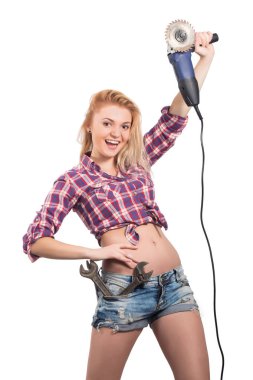 Kadın, beyaz arka plan üzerinde açı değirmeni 