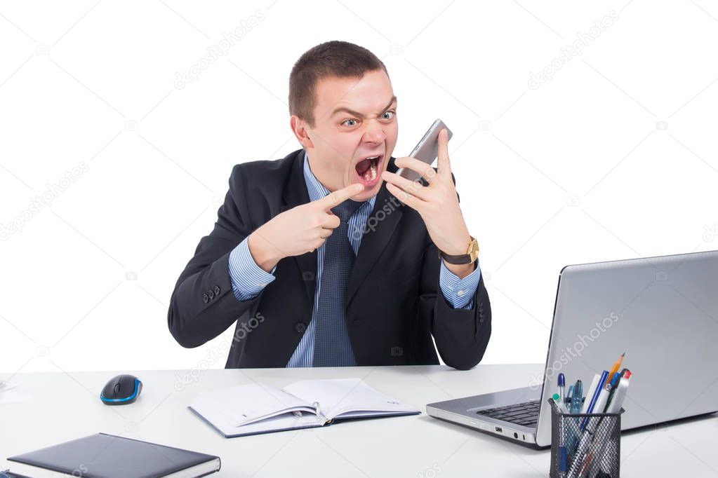 Business, people, stress concept - close up of angry businessman with smartphone shouting  isolated on white 
