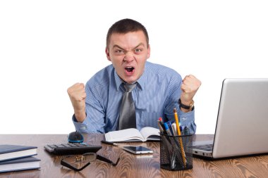 Office, mali, internet, iş, başarı ve insan kavramı-kızgın işadamı office isolatad beyaz zemin üzerine bağırarak