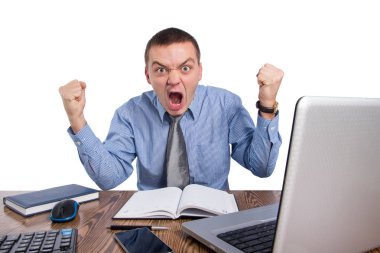 Office, mali, internet, iş, başarı ve insan kavramı-kızgın işadamı office isolatad beyaz zemin üzerine bağırarak