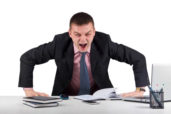 Angry Businessman Screaming Isolated White Looking Camera Office Finances Internet — Stock Photo, Image