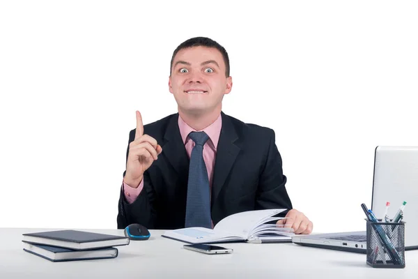 İş, office, teknoloji, finans ve Internet kavramı - komik iş adamı ofisinde parmak gidiyor: fikir veya beyaz arka plan üzerinde izole uyarı