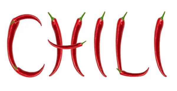 Uiteengezet Van Woord Rode Chili Chili Peppers Geïsoleerd Witte Achtergrond — Stockfoto
