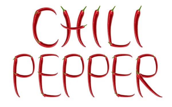 Uiteengezet Van Woord Rode Chili Chili Peppers Geïsoleerd Witte Achtergrond — Stockfoto