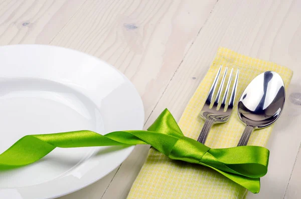 Plate Fork Knife Decorated Green Ribbon — Stock Photo, Image