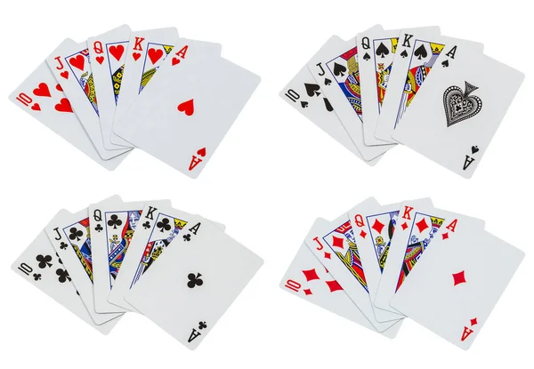 ten, jack, queen, king, ace royal flush isolated on white background