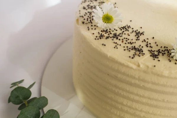 Weißer Kuchen Mit Einer Blume Auf Weißem Hintergrund — Stockfoto