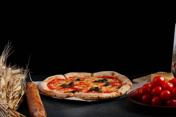 pizza margarita on a dark background. vegetarian pizza concept