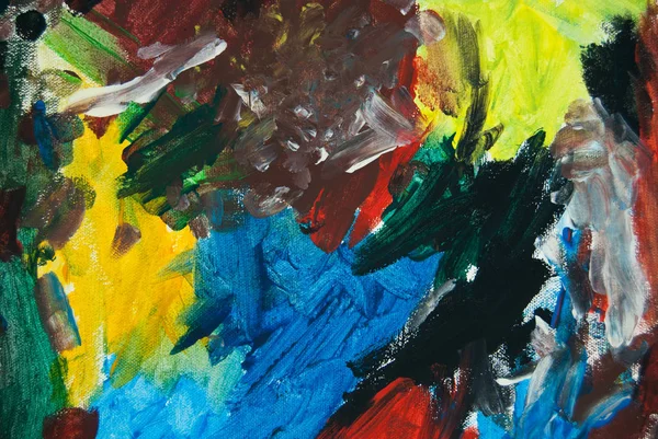 Çocuğun çizim tuvalinde. Soyut resim çeşitli renkli fırça darbeleriyle. Tuval üzerine akrilik soyut resim 