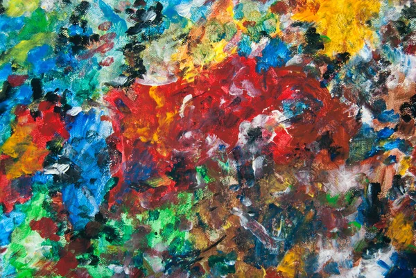 Çocuğun çizim tuvalinde. Soyut resim çeşitli renkli fırça darbeleriyle. Tuval üzerine akrilik soyut resim 