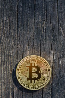 Ahşap arka plan üzerinde paralar. Bitcoins Kripto para birimi. BTC