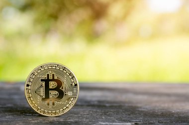 bitcoin doğa kopya alanı metin için arka plan ile eski ahşap masa üzerinde yığını kapat