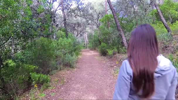 Mulher Caminhando Longo Caminho Floresta — Vídeo de Stock