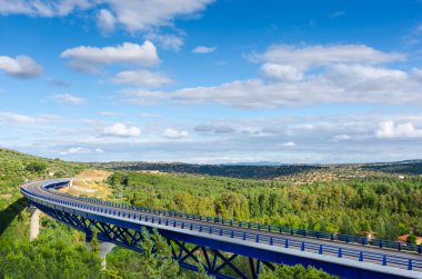 Otoyol köprü manzara, ormanda extremadura üzerinde güneşli yaz gün.