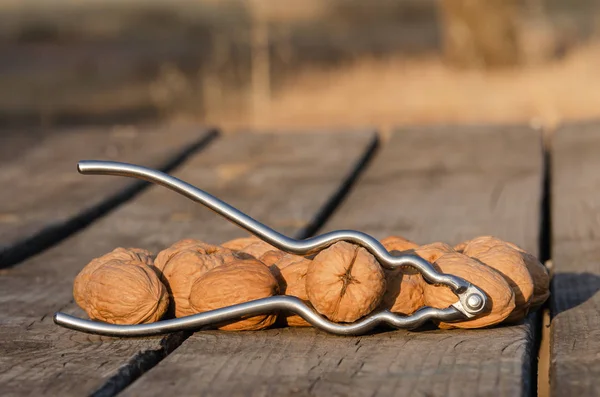 Deliciosas nueces sobre mesa de madera con cascanueces — Foto de Stock