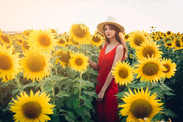 Kvinna med röd klänning i solrosfält — Stockfoto