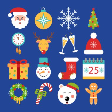 Noel ikonları. Noel Baba, ren geyiği, kar tanesi, zencefilli ekmek, Noel ağacı, kutup ayısı, şampanya, balo, çorap, takvim, şeker kamışı, hediye ve kardan adam ile izole edilmiş vektör çizimi