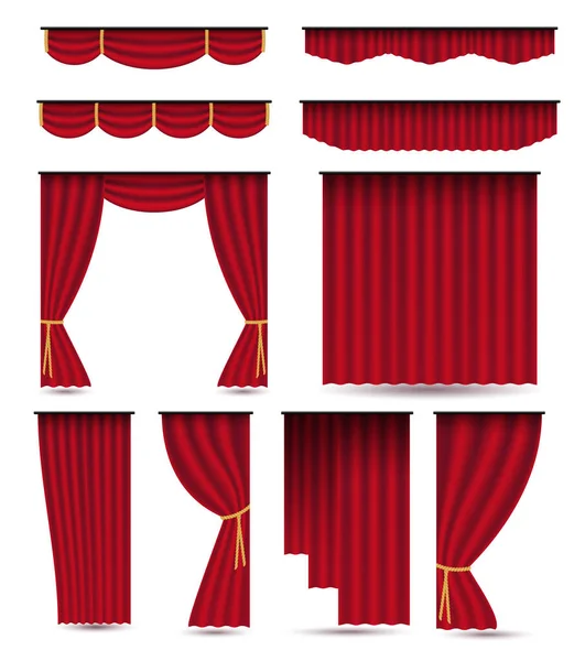 Conjunto de cortinas de veludo de seda de luxo vermelho — Vetor de Stock