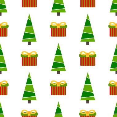 Dekoratif köknar ağaçlarıyla kusursuz bir Noel deseni. Renkli karikatür çizimi.