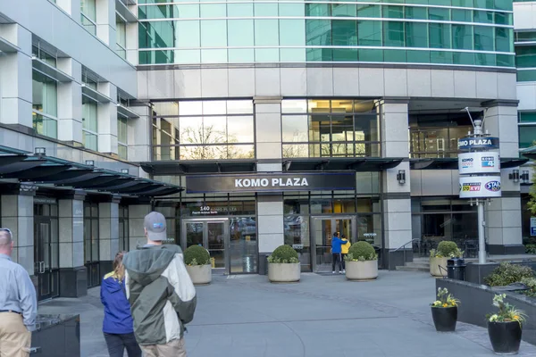 Seattle, Washington, USA / March 2019: Entrance to the Komo Plaza media center in downtown Seattle next to the Space Needle.