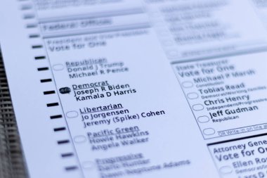 Başkan adayı Joseph R Biden ve Başkan Yardımcısı Kamala D Harris 'in yerine ABD' de Oregon eyaletinde erken oylama sırasında Oval şekil dolduruldu. Portland, Oregon / ABD - Ekim 2020.