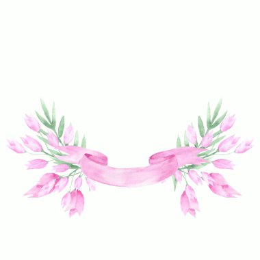 pembe çiçekler, Lale ve yaprak suluboya pink çerçeve