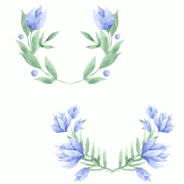 Cornice Acquerello Fiori Blu Tulipani Foglie — Foto Stock