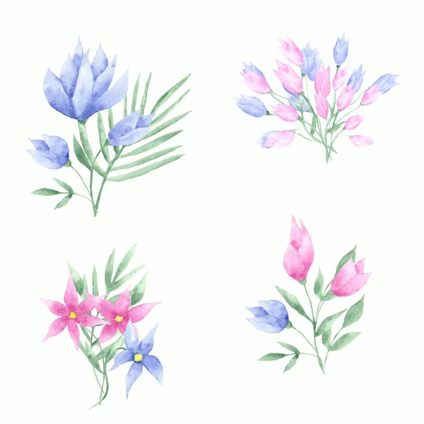 Aquarel Boeketten Van Roze Blauw Tulpen Bloemen Met Blaadjes — Stockfoto