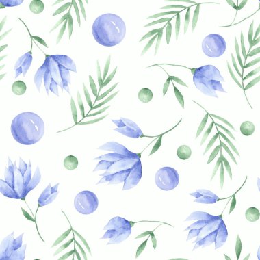 mavi çiçekler, yapraklar ve boncuk suluboya desen