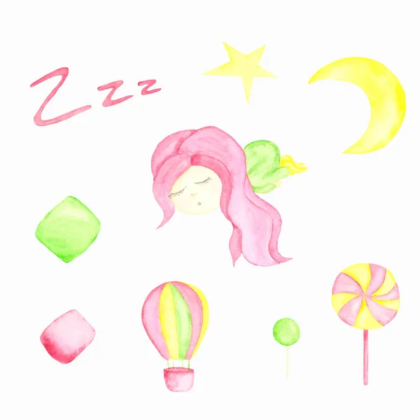 Watercolor Set Sleeping Girl Pink Hair Pajamas Month Star Balloon — Stock Photo, Image
