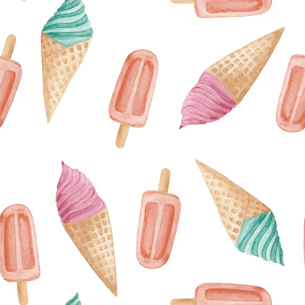 Aquarellmuster Aus Rosa Türkis Orangefarbenem Eis Und Fruchteis — Stockfoto