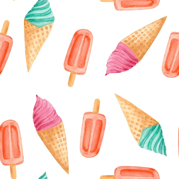 ピンク ターコイズ ブルー オレンジ アイス クリームとフルーツ氷の水彩のパターン — ストック写真
