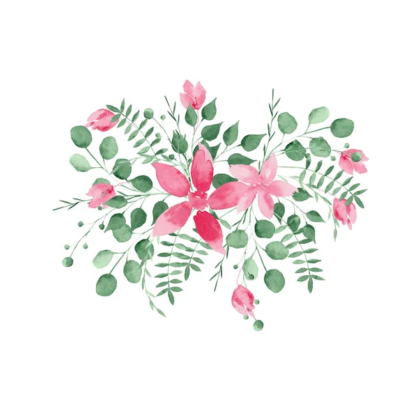 Акварельный Набор Веток Листьев Розовых Цветов — стоковое фото