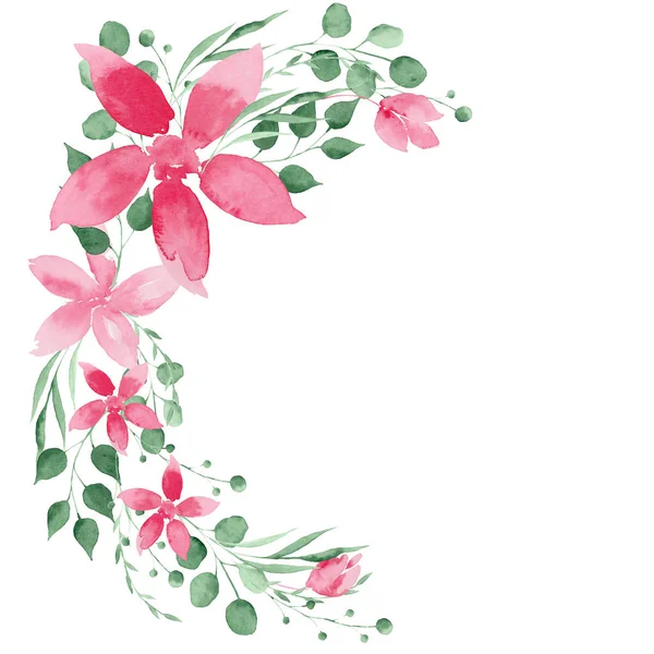 Акварель Красивого Зеленого Листя Рожевих Квітів Ідеально Підходить Карток Запрошень — стокове фото