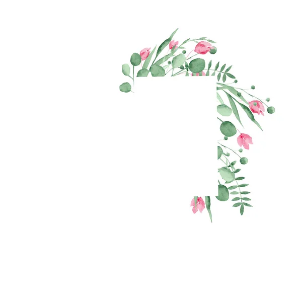 Акварель Красивого Зеленого Листя Рожевих Квітів Ідеально Підходить Карток Запрошень — стокове фото