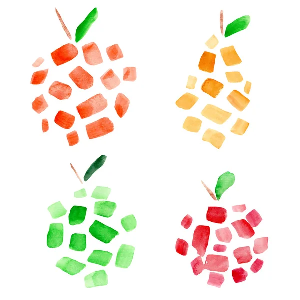 水彩の設定が緑赤りんごと梨オレンジ グレーと白の背景に — ストック写真