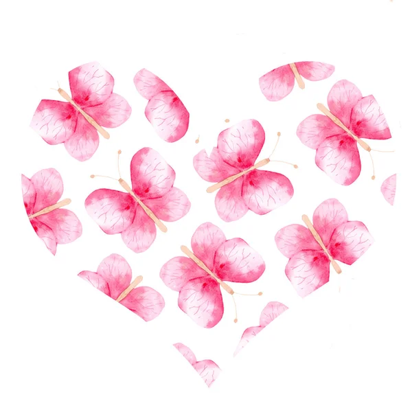 水彩画设置粉红色的蝴蝶在心脏 — 图库照片